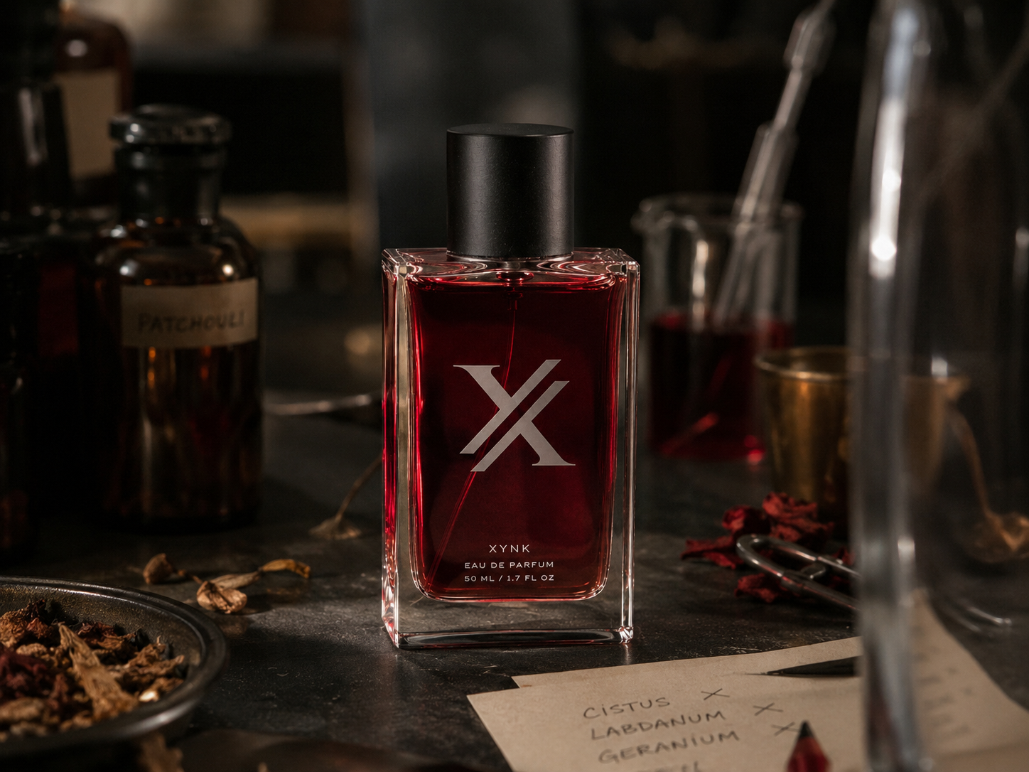 Xink V1 bottle among raw fragrance materials
